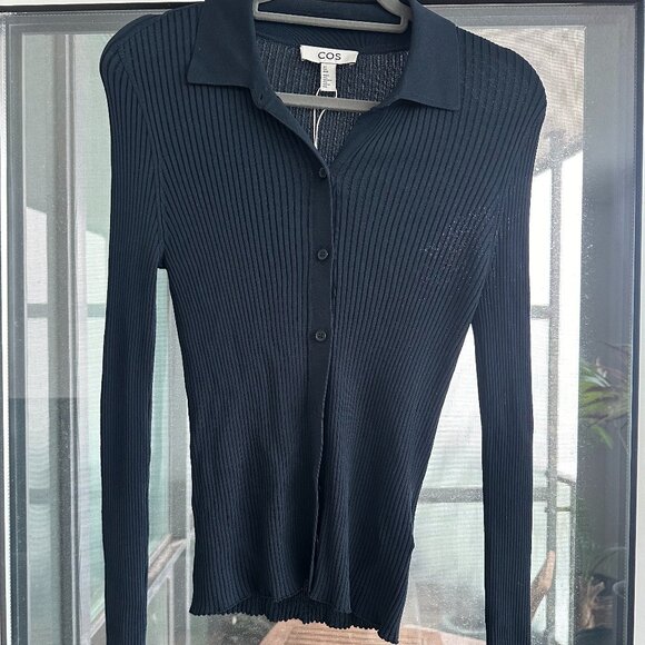 Cos Navy Blue Ribbed Button-Up Shirt - Picture 1 of 1